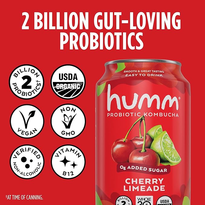 Humm Kombucha Seasonal Variety 12 Pack, Cherry Limeade, Blueberry Mint, Mango Passionfruit, Organic, Vegan & GMO Free