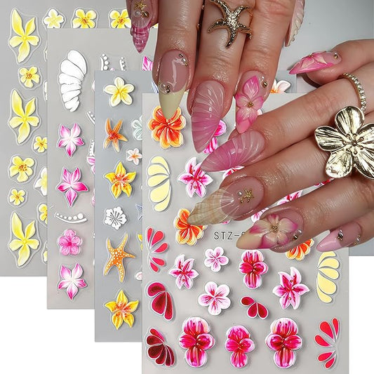 Summer Nail Stickers 5D Embossed Cute Flower Pattern Ocean Colorful Starfish Self-Adhesive Design Nail Art Stickers Beach Nail Decals for Women Festival Vacation Manicure Kit DIY Decoration