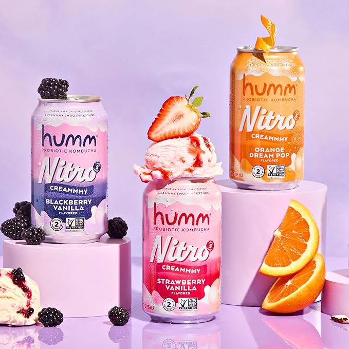 Humm Nitro Kombucha Variety Pack, Creamy Smooth Probiotic Drink with L-Theanine, Includes Blackberry Vanilla, Orange Dream Pop & Strawberry Vanilla, Non-GMO, Vegan, Gluten Free, 12 fl oz (Pack of 12)