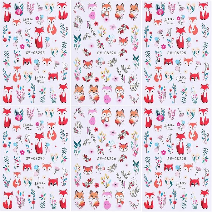 Fall Nail Art Stickers, Cute Fox Nail Art Decals 3D Self-Adhesive Cotton Fox Nails Stickers Autumn Blossom Flowers Nail Design 6Pcs Nail Art Supplies for Women Nail Decoration