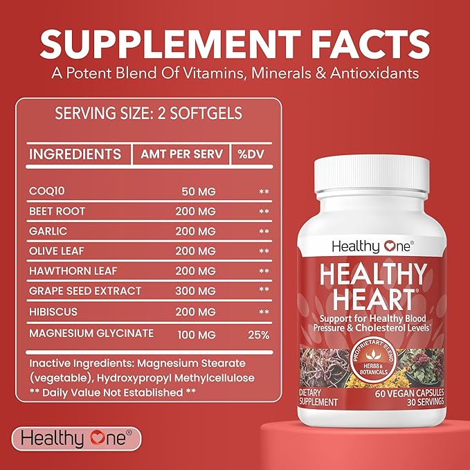 Healthy Heart - CoQ10 - Cholesterol - Circulation - Inflammation - Blood Pressure - Plaque - Cortisol - Arteries - LDL - HDL - Hawthorne - Beet Root - Garlic - Olive Leaf - Hibiscus - 120 Count