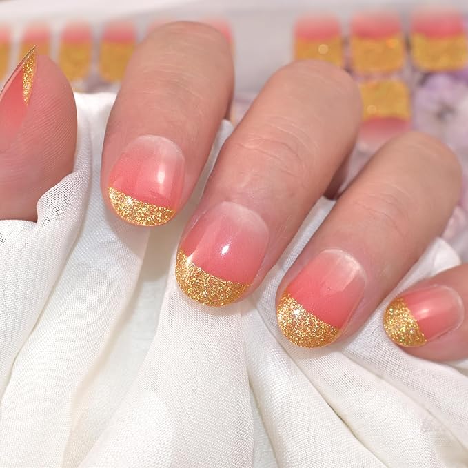 Semi Cured Gel Nail Strips (Glitter French Tip)-22 PCS Manicure Stickers | Light Required | Gel Nail Wraps, Salon Quality & Easy To Use