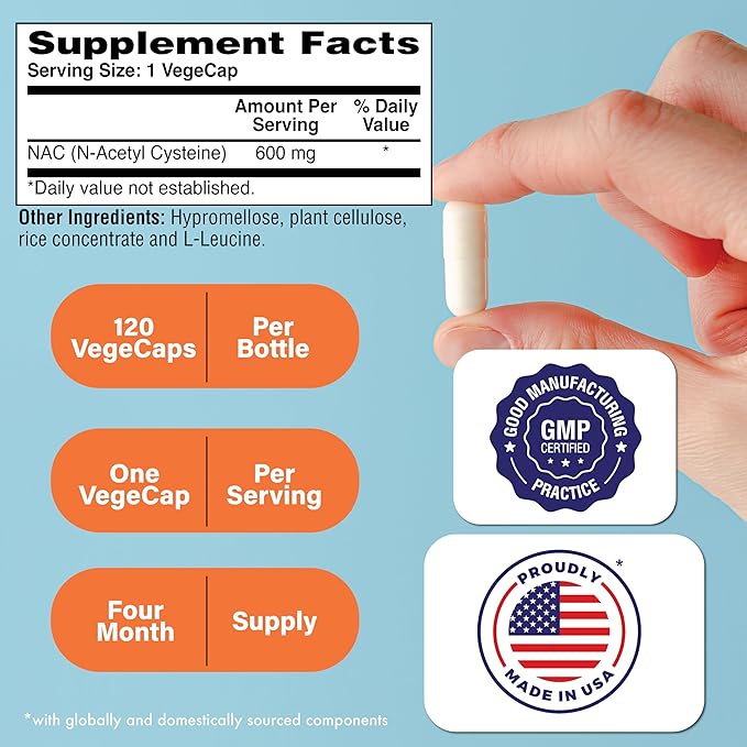 Health Thru Nutrition NAC N-Acetyl-Cysteine 600mg 120 Capsules | Vegan Certified | The Purest NAC Supplement | Supports Healthy Lung Liver Functions & Cellular Health | Non-GMO Soy & Gluten Free