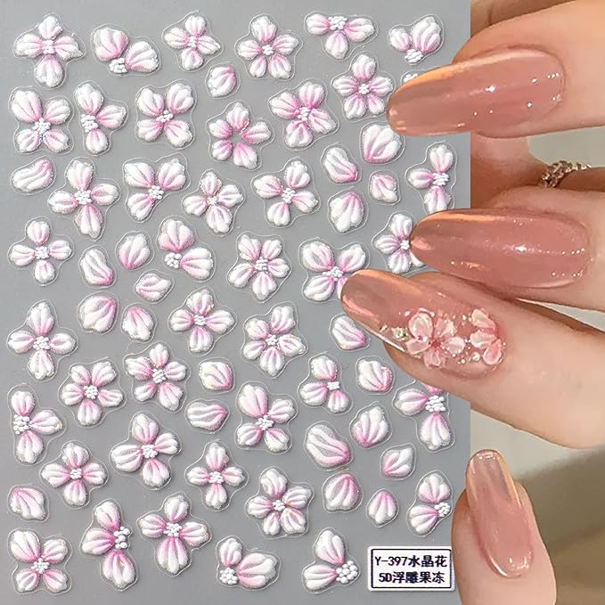 Flower Nail Sticker for Nail Art,Spring Nail Decals Embossed 5D Embossed Crystal Camellia Four-Petal Floral Nail Design Lovely Flowers for Nails Adhesive Gel Slider Charm Decor Manicure Accessories