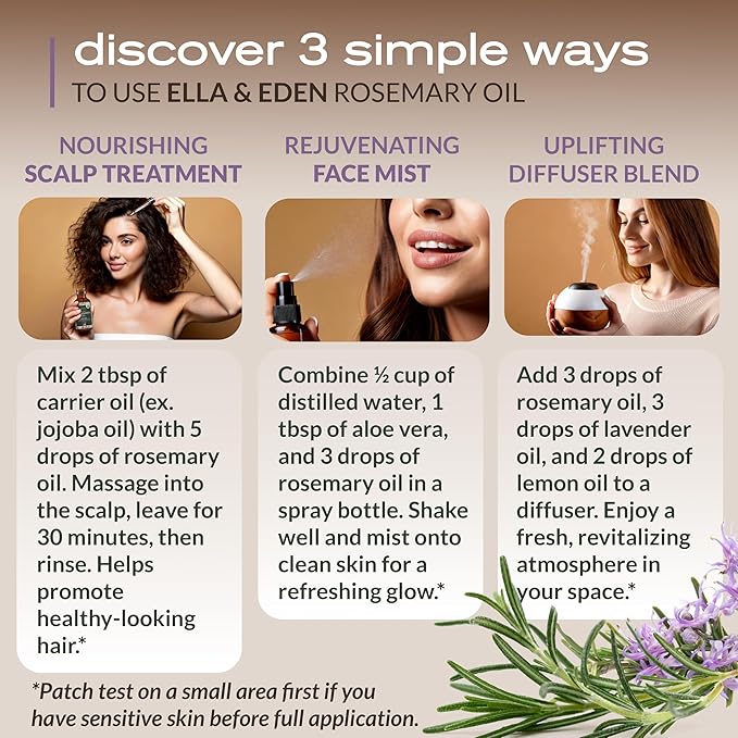 Ella & Eden Rosemary Oil for Hair 100% Pure, Steam-Distilled, Hexane-Free | USDA Certified Organic Rosemary Essential Oil for Skin Aromatherapy in a Glass Bottle, 4 Oz