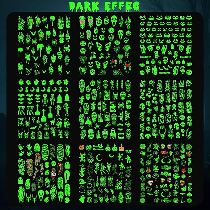 9 Sheets Luminous Halloween Nail Stickers for Women, Pumpkin Bat Ghost Witch Skull Scratches Nail Art Stickers for Girls Kids Nail Art Halloween Decoration