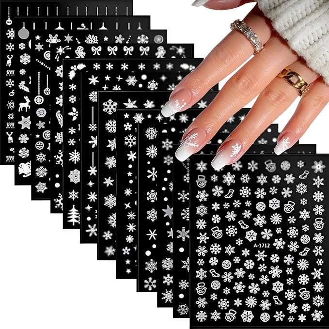 12 Sheets Christmas Nail Stickers Snowflake Nail Art Stickers 3D Self-Adhesive Winter Nail Decals Elk Snowman Nail Design Bow Nail Art Supplies Decoration for Women and Girls