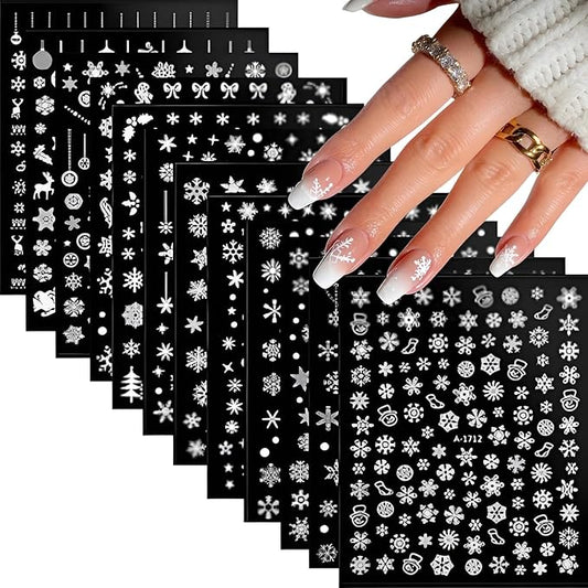 12 Sheets Christmas Nail Stickers Snowflake Nail Art Stickers 3D Self-Adhesive Winter Nail Decals Elk Snowman Nail Design Bow Nail Art Supplies Decoration for Women and Girls