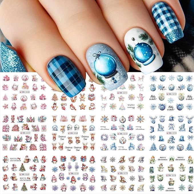 Christmas Water Decals for Nails 48 Designs Holiday Nail Stickers Snowmen Reindeer Water Transfer Nail Decals Christmas Santa Claus Snowflake Penguin Cute Cartoon Manicure Decoration for Women Girls