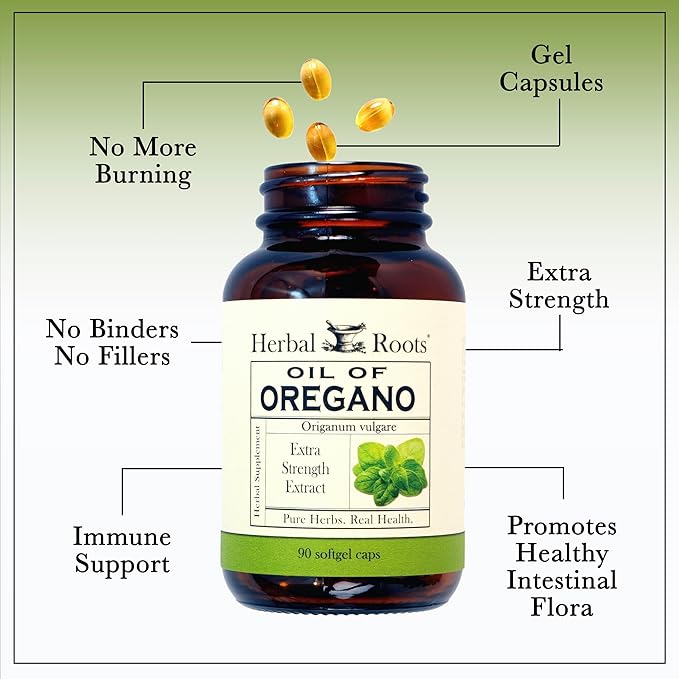 Herbal Roots Oil of Oregano - Made from Mediterranean Oregano Oil - 90 Easy to Swallow Softgel Capsules - Extra Strength 150mg