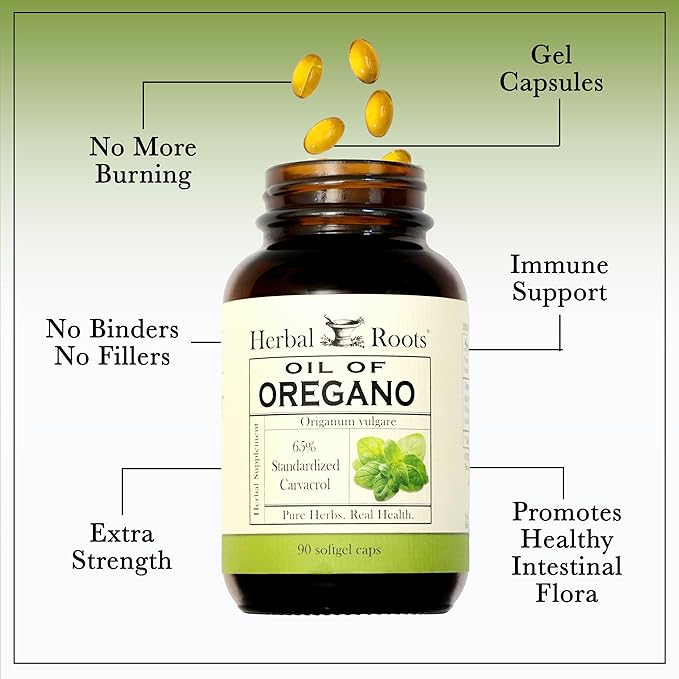 Herbal Roots Oil of Oregano - Made from Mediterranean Oregano Oil - 90 Easy to Swallow Softgel Capsules - Extra Strength 150mg