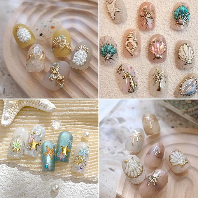 1Sheet 5D Embossed Gold Seashell Starfish Nail Art Stickers Self-Adhesive Bronzing Shell Starfish Nail Decals with Pearl Rhinestone Design Nail Sticker Summer Ocean Nails Supply for Women Nails Decor