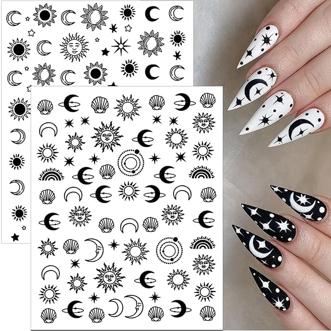 12 Sheets Sun Moon Star Nail Art Stickers Decals, 3D Self-Adhesive Fashion Trendy Minimalist Colorful Rose Gold Pegatinas Uñas Design, DIY Manicure Decoration Supplies Accessories for Women Girls