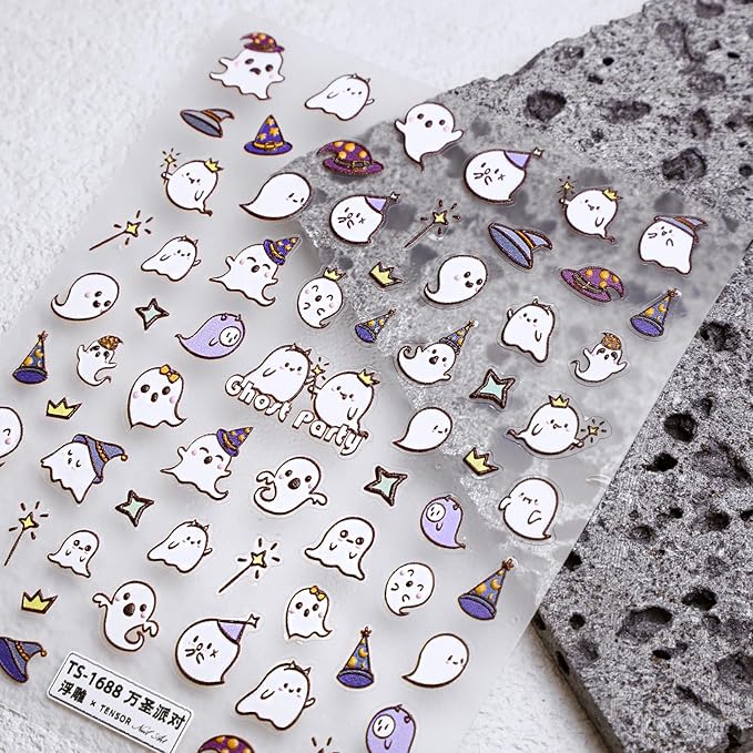 Halloween Nail Stickers for Nail Art - Ghost Party Nail Art Sticker Halloween Cute 5D Embossed Nail Decals Self-Adhesive Nails Supply Manicure Stickers for Nails Decoration