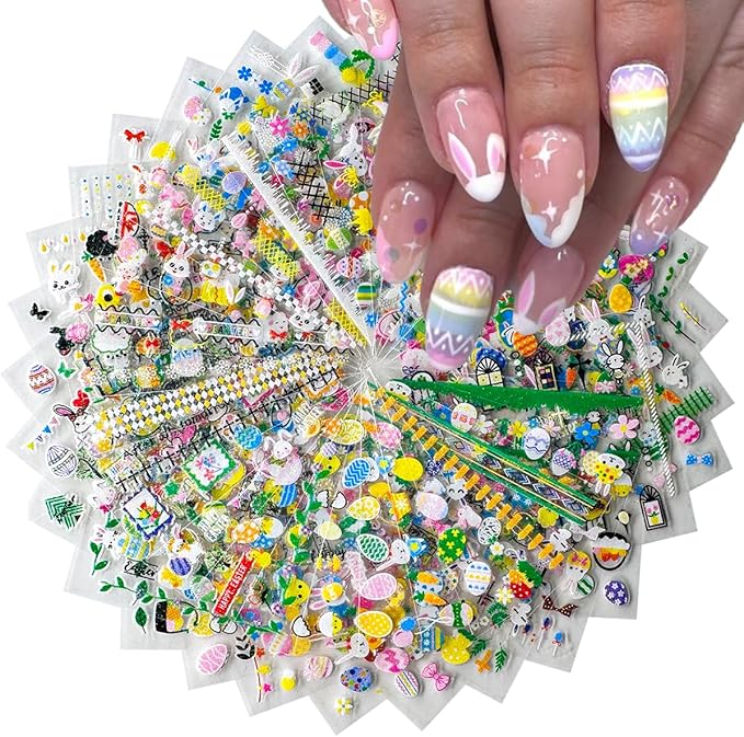 Easter Nail Stickers Cute Bunny Nail Decals 3D Self-Adhesive Easter Egg Nails Art Stickers Rabbit Flower Nail Design Kawaii Nails Supplies for Women Decoration 30 Sheets