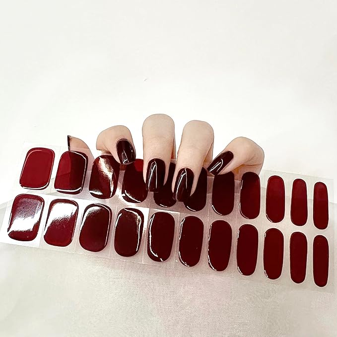 Semi Cured Gel Nail Strips (Wine Red)-22 PCS Nail Stickers | Gel Wraps | Light Required, Salon Quality & Easy to Use
