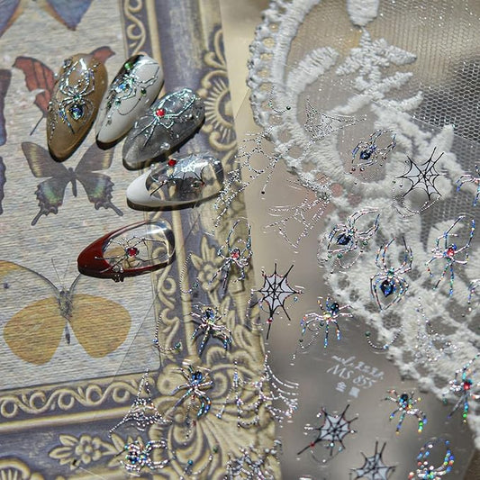 1 Sheets Halloween Nail Stickers for Nail Art Metal Spider Nail Art Stickers Silver Spiders Web with Rhinestones Design Horror Gothic Nail Decals Manicure Decoration for Women Acrylic Nail Supplies