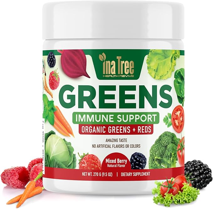 Greens Powder Immune Support, Superfood Blend with 20 Organic Greens & Superfruits, Boost Energy Level, Digestive Enzymes & Prebiotic Blend, Natural Mixed Berry Flavor (9.5 Oz)