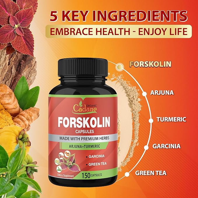 Organic Cadane Forskolin Supplement Capsules - 5in1 Concentrated with Turmeric Curcumin, Arjuna, Garcinia Cambogia, and Green Tea - 150 Capsules for 5 Months Supply