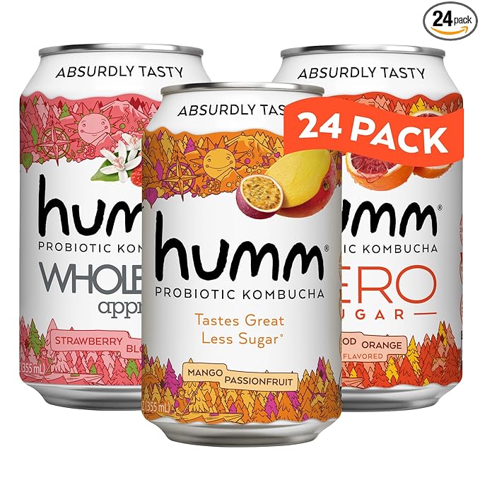 Humm Kombucha Sampler Pack, Includes Original Mango Passionfruit Kombucha, Zero Sugar Blood Orange, Whole30 Approved Strawberry Blossom (Pack of 24)