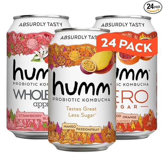 Humm Kombucha Sampler Pack, Includes Original Mango Passionfruit Kombucha, Zero Sugar Blood Orange, Whole30 Approved Strawberry Blossom (Pack of 24)