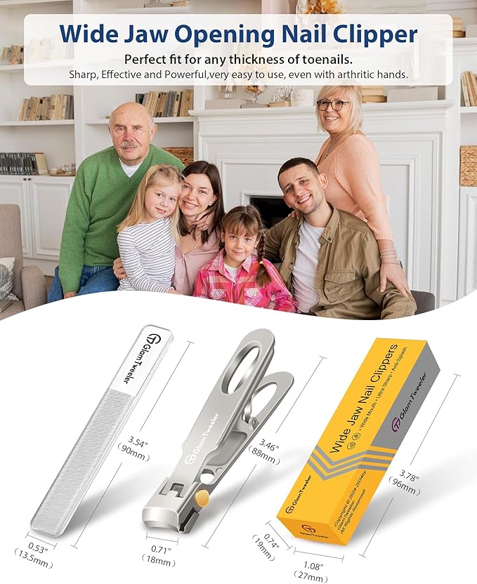 Anti-Splash Wide Jaw Opening Nail Clippers - GlamTweeler Ultra Sharp Extra Large Wide Opening Fingernail and Toenail Clipper with Glass Nail File (Champagne_Curved)
