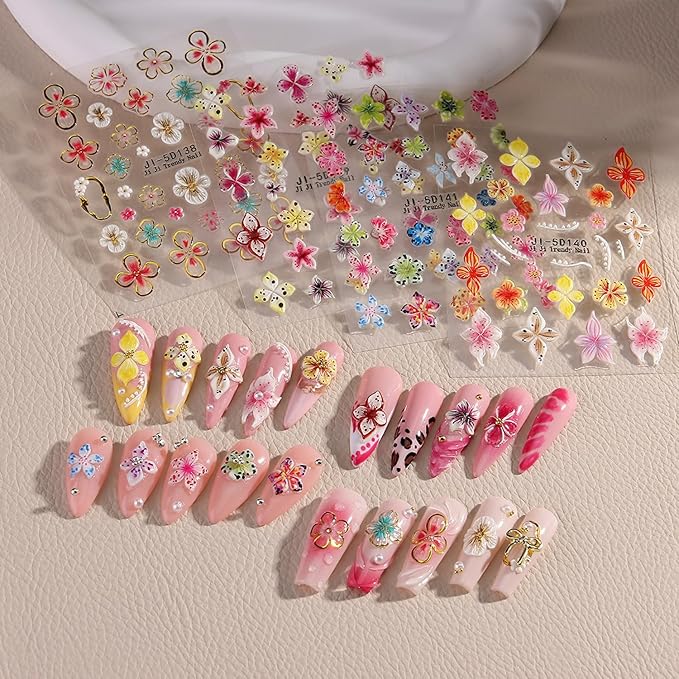 Flower Nail Art Stickers, 4PCS 5D Embossed Sticker for Nail Art, Spring Floral Nails Design 5D Relief Decals Hibiscus Flowers Nail Adhesive Sticker Slider Charm Decor DIY Manicure Accessories Supplies