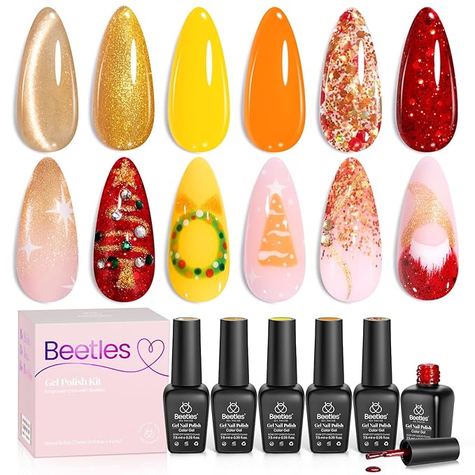 beetles Christmas Gel Polish Set - Daring Glow Collection, Gold Cat Eye Gel Colors Red Gold Glitter Shimmer Yellow Orange Christmas Nails Art Soak off Uv LED Manicure Nail Trend Gift for Women