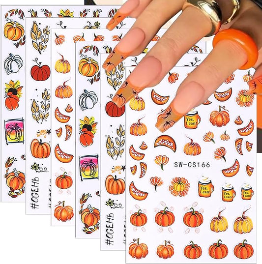 6 Sheets Cute Pumpkin 3D Self-Adhesive Nail Art Stickers with Pumpkin Seeds Designs, Flower Star Letter Nail Decals for Women Salon
