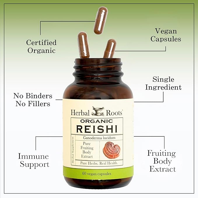 Herbal Roots Organic Reishi Capsules - Made with Fruiting Bodies - Support Energy, Vitality, Immune & Heart Health - 60 Vegan Capsules