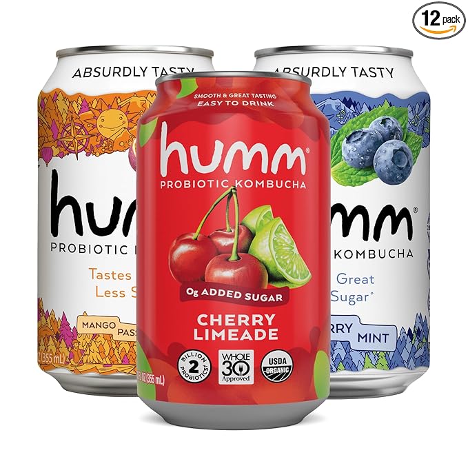 Humm Kombucha Seasonal Variety 12 Pack, Cherry Limeade, Blueberry Mint, Mango Passionfruit, Organic, Vegan & GMO Free