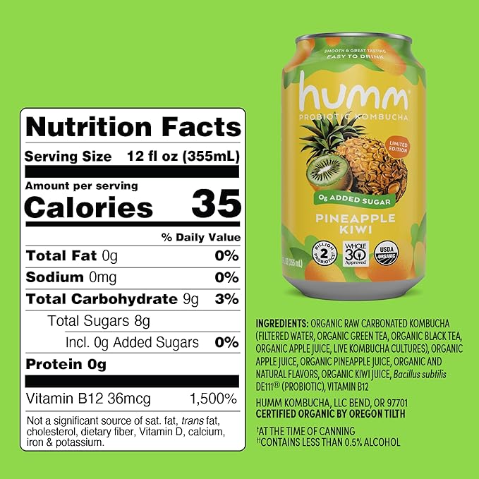 Humm Whole30 Approved Kombucha, Pineapple Kiwi, Organic, Vegan & GMO Free (24 Pack)