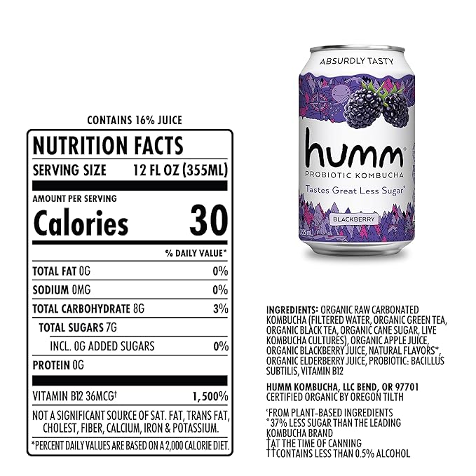 Humm Kombucha Blackberry, Organic, Vegan & GMO Free (12 Pack)