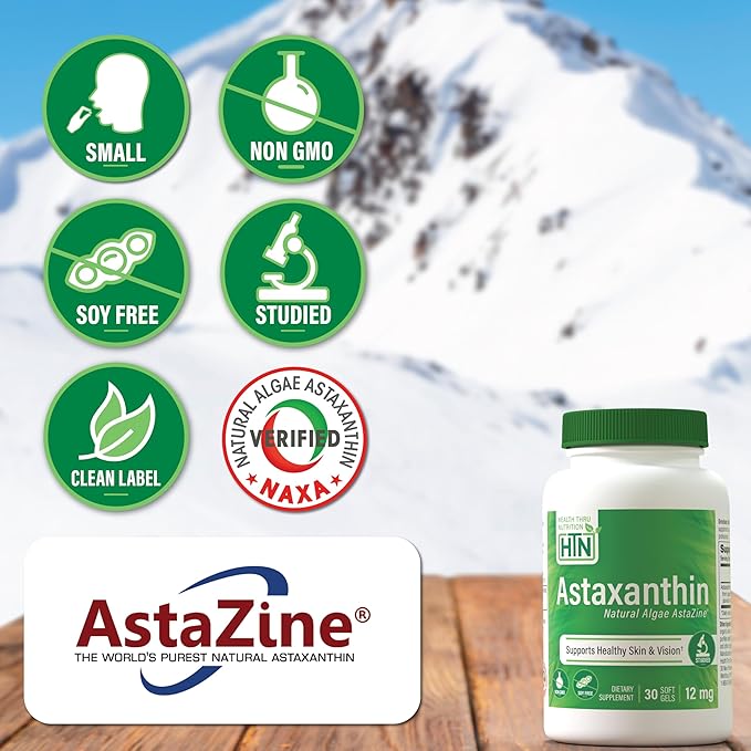 Health Thru Nutrition Astaxanthin Triple Strength 12mg Supplement 30 Softgels | AstaZine from Algae Organically Grown in Pristine Himalayan Water | Skin and Vision Support