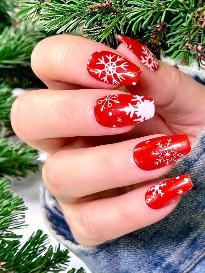 | 20 Exquisite Gel Nail Polish Strips w/Application Accessories - No UV/LED Lamp Required (Holiday | White Snow Flakes & Red)