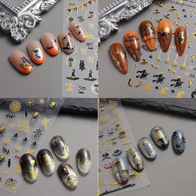 Halloween Nail Stickers Cat Spider Web Ghost Pumpkin Nail Decals 3D Gold DIY Self Adhesive Witch Nail Design Sticker Halloween Nail Decoration Supplies Holiday Manicure Accessories for Women 6Pcs