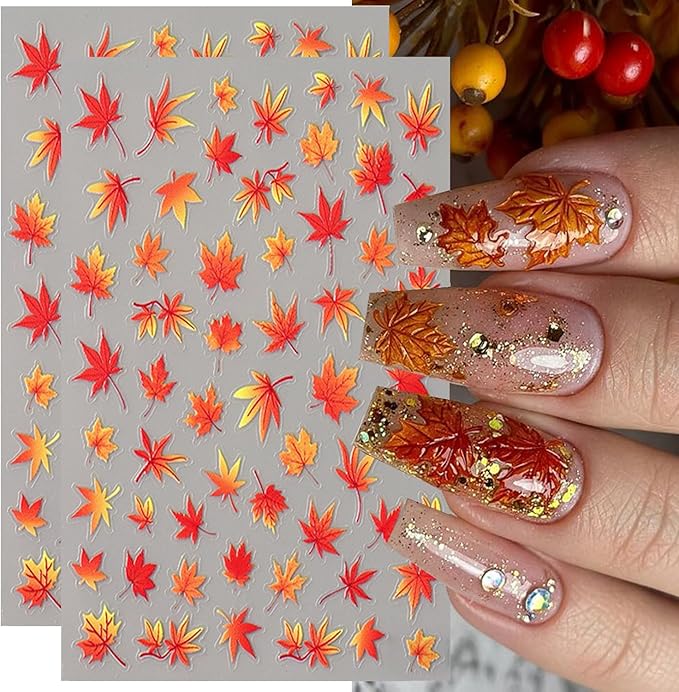 Fall Maple Leaves Nail Stickers for Nail Art Thanksgiving Autumn and Winter Maple Leaf Gradient Maple Leaf Nail Art Designs 3D Self-Adhesive Decals for Women Nail Decoration Supplies 2 Sheets