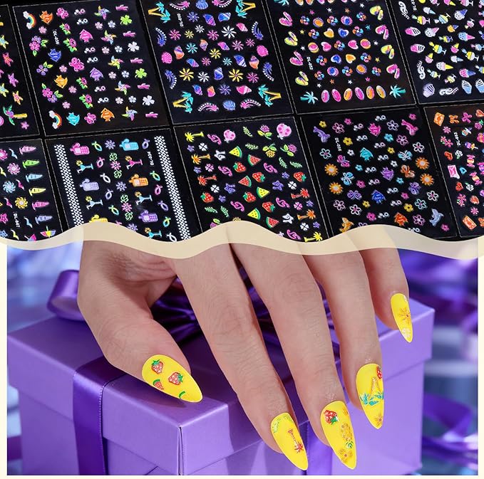 FANDAMEI Nail Stickers for Girls, 30 Sheets Cute Kids Nail Stickers for Nail Art, 3D Self-Adhesive Glitter Floral Fruit Heart Decals for Women, Little Girl Nail Decals for Design