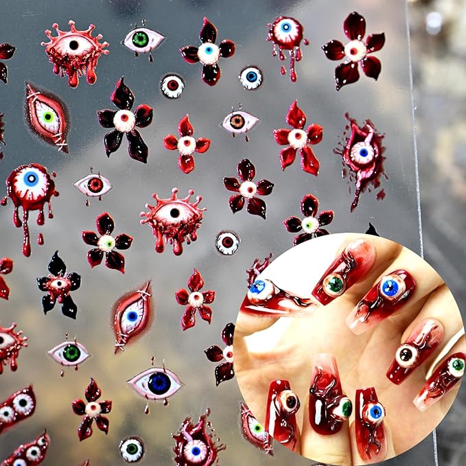 1Sheet Horror Blood Eye Nail Art Stickers 5D Embossed Halloween Nail Decals Self-Adhesive Evil Flower Nail Stickers with Bloody Eyeball Design Nail Decal Weird Eye Nail Sticker for Women Nails Decor