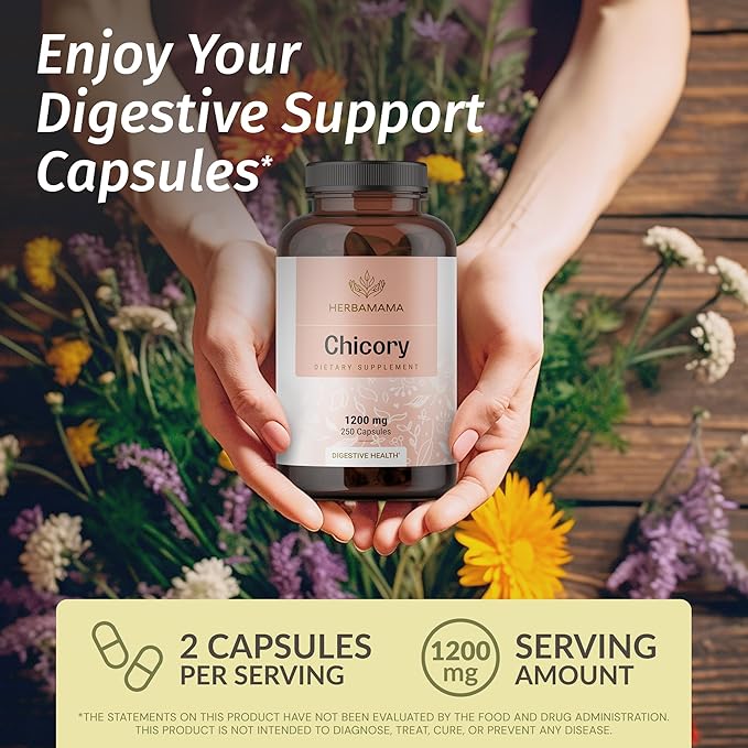 HERBAMAMA Chicory Root Fiber Capsules - 1200mg Chicory Root Powder for Gut Cleanse & Digestive Support - Vegan, Non-GMO Inulin Prebiotic Fiber Supplement