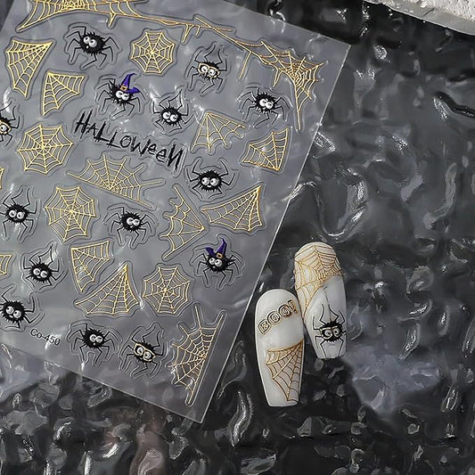 Spider Spider Web Nail Stickers for Nail Art 3D Glitter Gold Spider Web Black Spiders Nail Decals Design Stickers Acrylic Nails Tips DIY Manicure Decoration Supplies for Halloween and Daily Nails