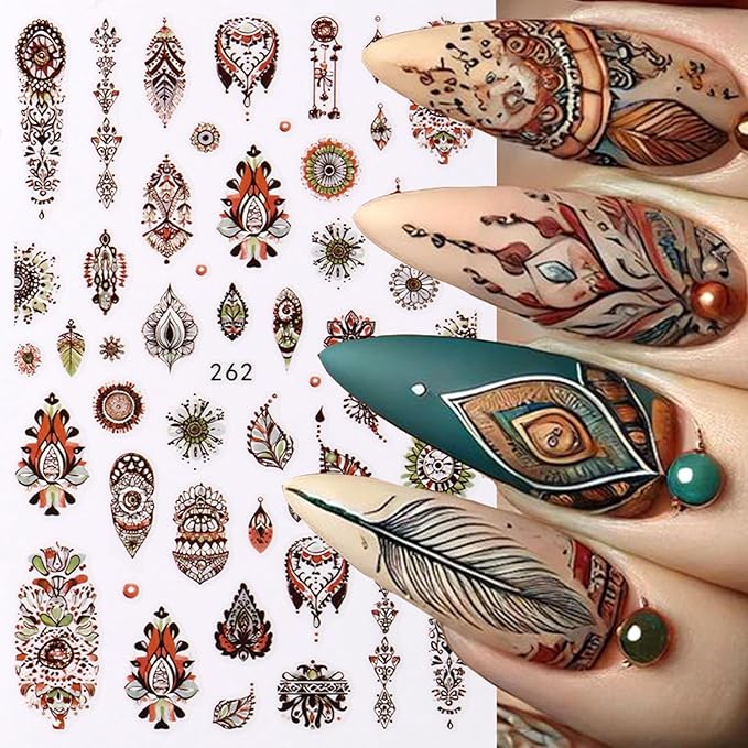 6 Sheets Bohemian Nail Art Stickers Decals Retro Feathers Nails Stickers for Nail Art Self-Adhesive Nails Decals
