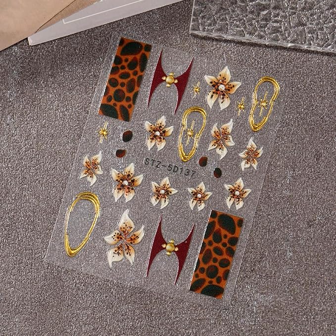 Flower Nail Art Stickers 5D Yellow Brown Flowers Nail Decals 2Pcs Leopard Print Nail Art Supplies Floral Gold Frame Star Autumn Nail Stickers French Sliders for Women Thanksgiving Nail Decorations