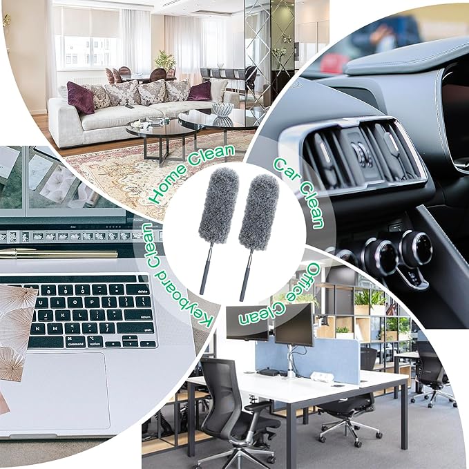 2 Pack Microfiber Duster for Cleaning, Hand Washable Dusters with Microfiber Head, Extendable Pole, Cleaning Supplies for Office, Car, Window, Furniture, Ceiling Fan