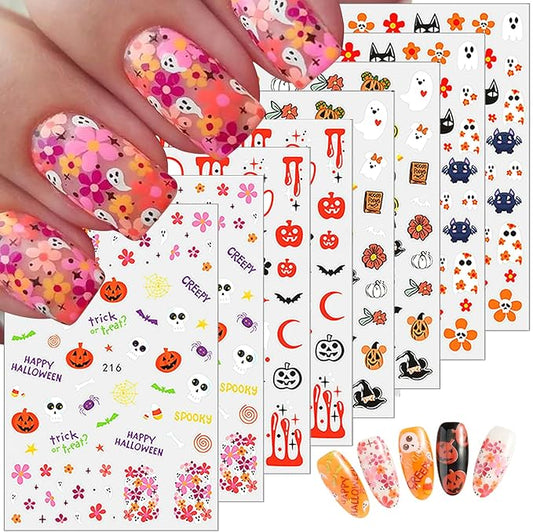 8 Sheets Halloween Nail Art Stickers - Cute Ghost Pumpkin 3D Self Adhesive Decals - Glitter Flower Spooky Design Gothic Bat for Women DIY Manicure Supplies