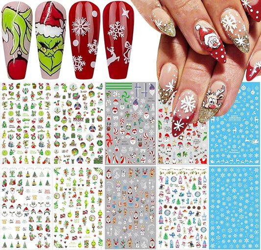 10 Sheets Christmas Nail Stickers 3D Xmas Decals Winter White Snowflake Santa Claus Snowman Bell Reindeer for Women Girls Christmas Designs Decoration Charms
