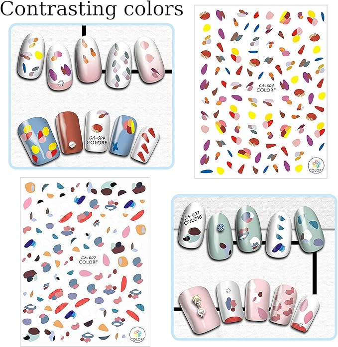 8 Sheets Geometry Summer Nail Stickers for Girls,Fruits Nail Decals 3D Self-Adhesive Kids Flower Nail Stickers Little Rainbow Design Holiday Decals for Women