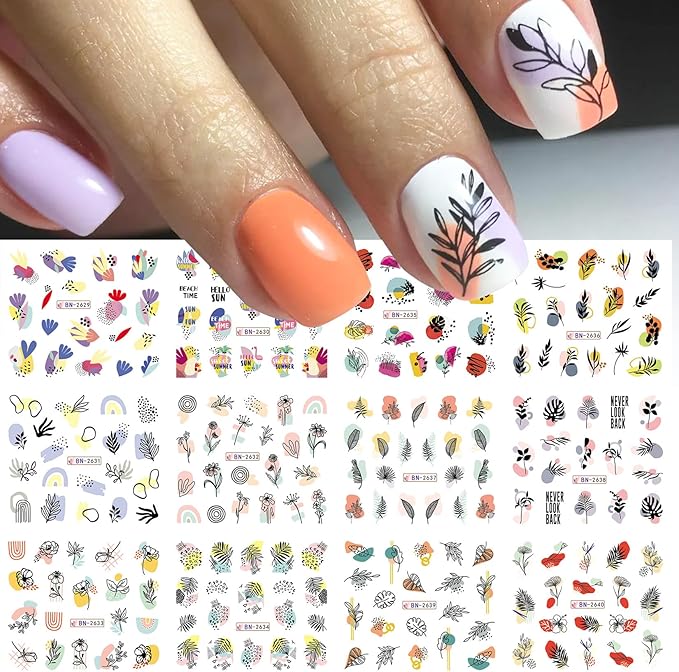 Flower Decals Nail Art Stickers 48 Designs Spring Water Transfer Stickers for Nails Colorful Flower Leaf Cherry Blossoms Rose Pattern DIY Decoration Nail Supplies for Women Girl 4 Sheets