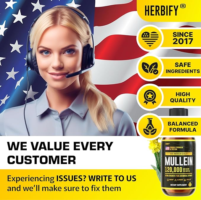 HERBIFY Mullein Drops - Lung Cleanse - Leaf Extract - Powerful Mullein for Immune Support,Detox & Respiratory Support - Made in USA - Lung Cleanse for Smokers - 4 Oz