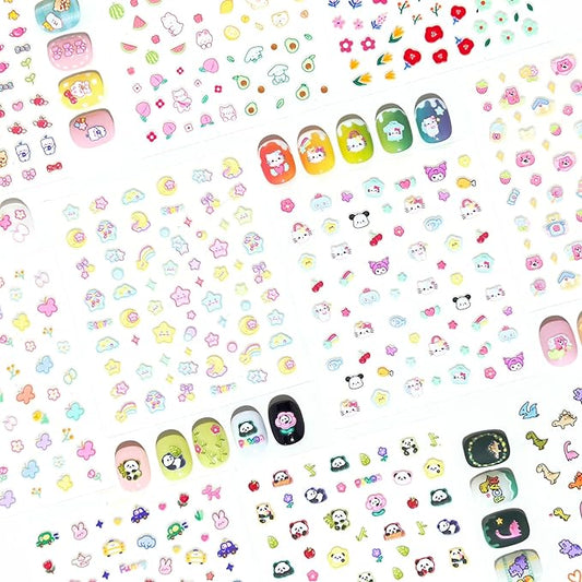 10 Sheets of 3D Nail Stickers - 719 Cute Nail Decals - Embossed Nail Stickers for Kids | Kawaii Theme - Butterfly, Flowers, Cats, Bunny, Stars, Fruits | Glow in The Dark